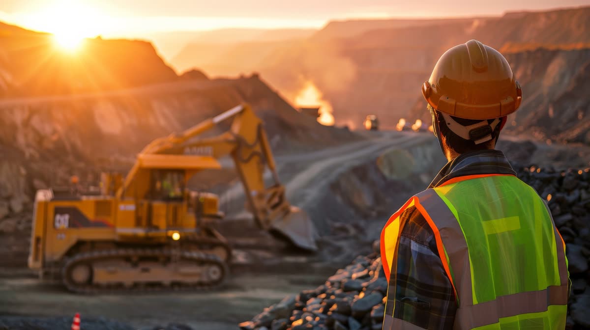 Site supervisor in hi-visibility clothing overlooking an open-pit mine at sunset